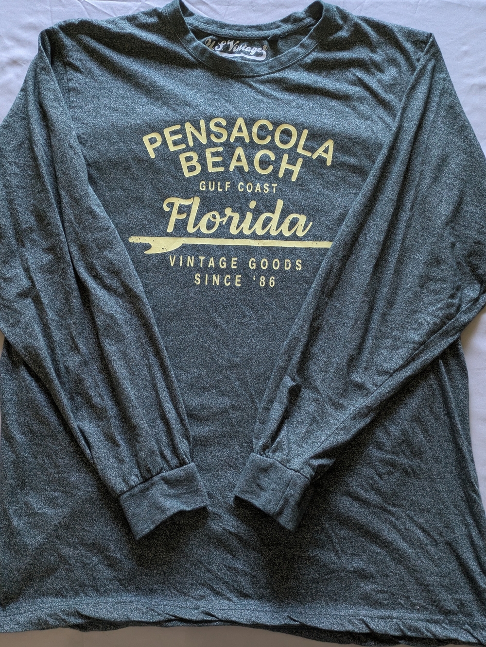 Pensacola Beach Florida Long Sleeve Tee U.S Vintage- Gray with Cream Print